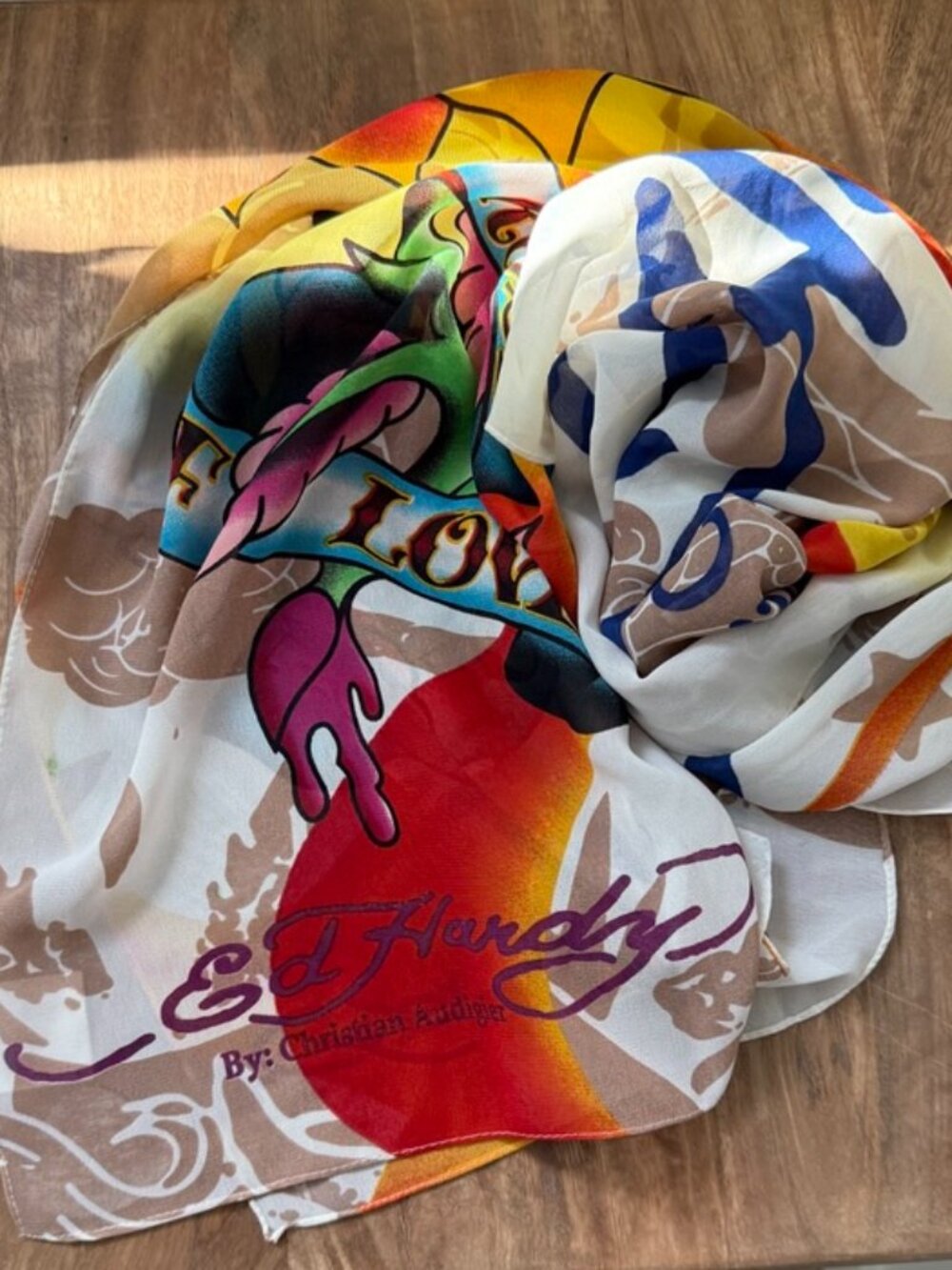 Vintage ED HARDY 100% Silk "Golden Rose of Love" Graphic Skull Scarf